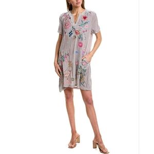Johnny Was Velvet Carmene V-Neck Shift Dress Size XL Silver Peony Silk Blend